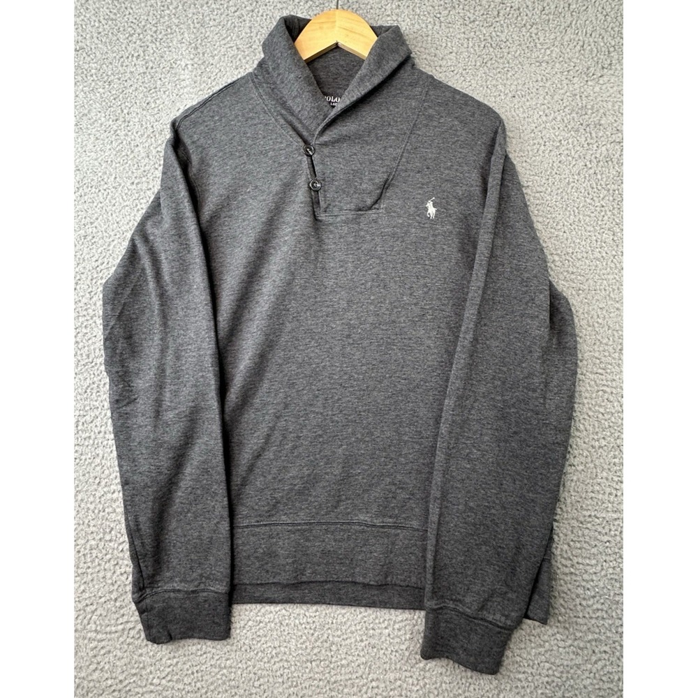 Polo Ralph Lauren Pullover Sweater Mens Large Gray Button Shawl-Collar Preppy